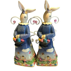 Vintage Wooden Figurines Easter Bunnies with eggs baskets decorative 2 pcs lot